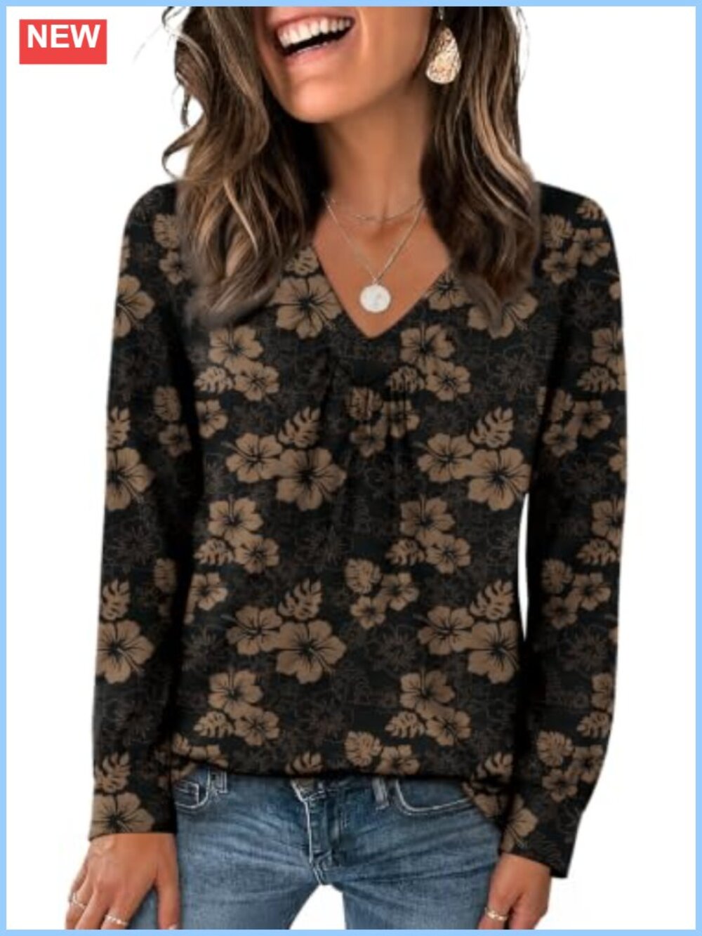 OFEEFAN Ruched V-Neck Long Sleeve Blouse Loose Fit Casual Fall Top